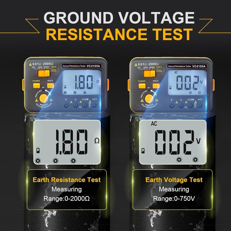 SKYCENX VC4105A Ground Earth Resistance Meter Tester, Grounding Meter Tester for Earthing,Offers Three Resistance Ranges (20Ω/200Ω/2000Ω) and AC Voltages 750V,with Tool Bag - Image 4